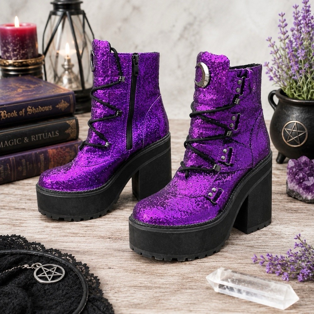Size 8 Broom Rider Purple Glitter Platform Boots Women's Witchy Goth Festival